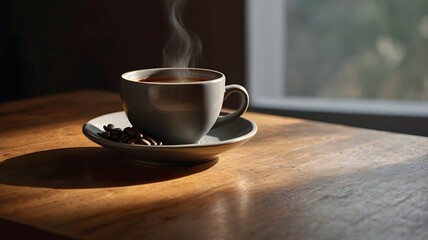 Obraz premium Warm morning light illuminates steaming espresso in a gray cup, resting on a rustic wood table with coffee beans.