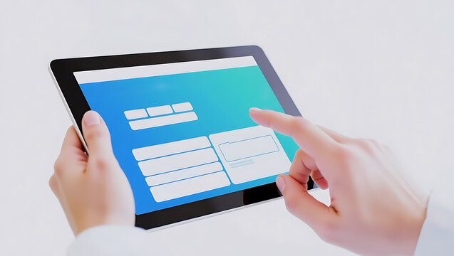 hand holding a tablet with a blue screen isolated on white background
