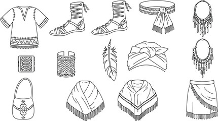 Vector art of collection of ethnic clothing and accessories in black and white isolated on white background