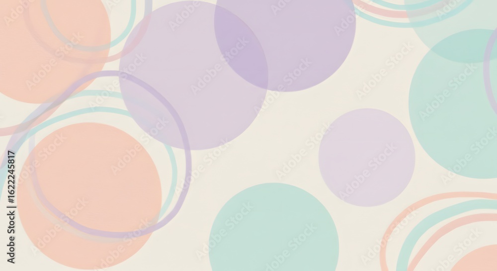 Poster an abstract background with overlapping translucent pastel circles and swirling lines.