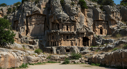 Photograph ancient tombs carved directly into cliffs or rock faces. Highlight shadows, chisel marks, and dramatic lighting across vertical stone.

