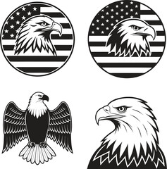 Monochrome Eagle Graphic Featuring Circular American Flags, Soaring Bird with Wings Spread, and Detailed Close Up of Head
