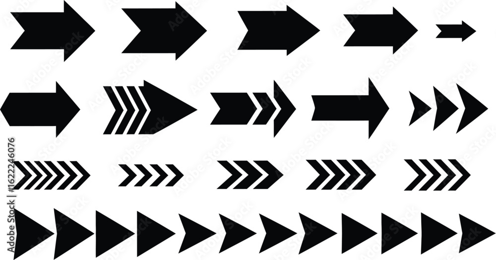 Poster vector art of collection of various arrow shapes pointing to the right isolated on white background
