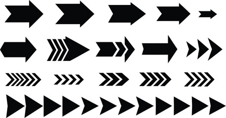 Vector art of collection of various arrow shapes pointing to the right isolated on white background