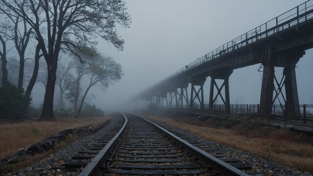 Elevated Train Tracks Disappearing into Morning Fog