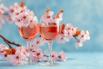 Rose Wine Glasses with Cherry Blossoms