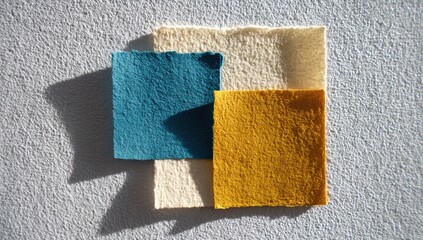 Fototapeta premium Four textured fabric swatches in teal, cream, and mustard yellow arranged in a light gray space