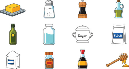 Vector art of collection of cooking ingredients and condiments, essential for culinary creations isolated