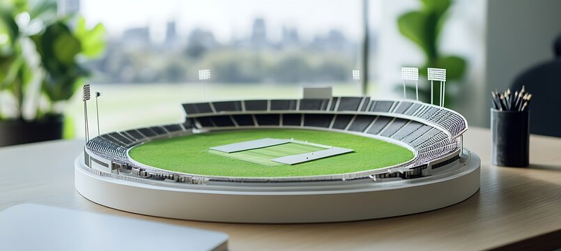 A miniature cricket stadium model sitting on a desk with office supplies and a city view in the background