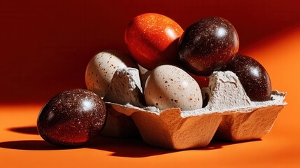 Obraz premium Creative Advertising Image of a Paper Egg Box with Chocolate Eggs - Unique Packaging Concept for Easter and Confectionery Brands