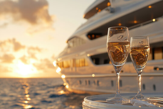 A table of food on a yacht at sunset.AI generative. - Powered by Adobe