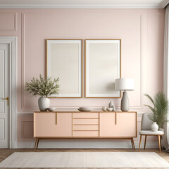 frame mockup for wall art in dining room interior design textured plaster wall in pastel tones mid-century modern decor elegant buffet display 3D render customizable artwork presentation
