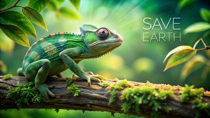 Fototapeta premium Photo of a detailed closeup of a green chameleon with purple accents on a mosscovered branch, set against a soft background with the save earth message