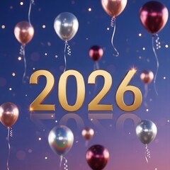 Golden Two Thousand Twenty Six Surrounded by Festive Balloons