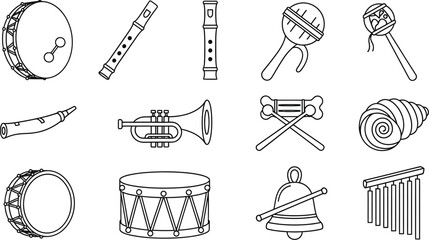 Vector art of collection of various musical instruments in line art style isolated on white background