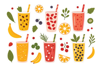 Colorful Smoothie Collection: A vibrant assortment of refreshing smoothies and an array of fresh fruits arranged in a visually delightful composition. Evoking a sense of health and wellness.