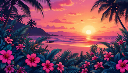Obraz premium tropical beach sunset with palm trees and hibiscus flowers scenery