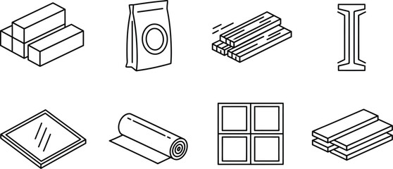 Vector art of isometric construction materials isolated on white background, including wood, metal and glass