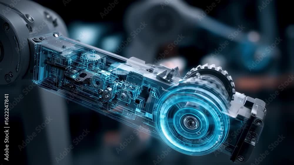Aufkleber futuristic robotic arm showing its internal gears and mechanisms with a bright blue light hologram, 