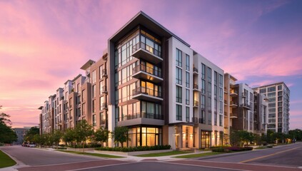 Modern apartment building at sunset (1)