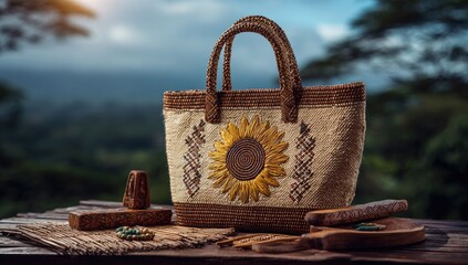 Woven tote bag with sunflower design, rests on wooden table, natural setting