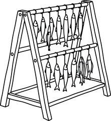 Vector art of traditional fish drying rack with multiple fishes isolated on white background