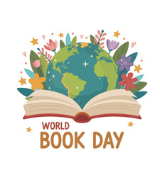 An open book with the world globe and floral accents celebrates book day