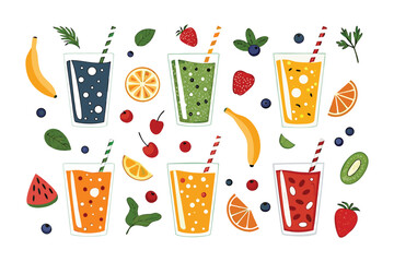 Colorful Smoothie Extravaganza: A visually stunning illustration showcasing an array of vibrant, refreshing smoothies. This artwork evokes a sense of healthy living.