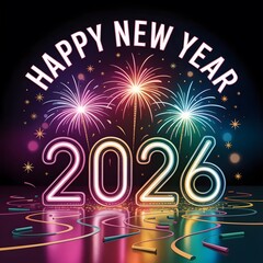 Happy New Year 2026 celebration with vibrant fireworks and confe