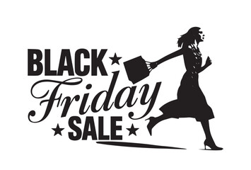 Woman runs with a shopping bag beside Black Friday Sale text against white background