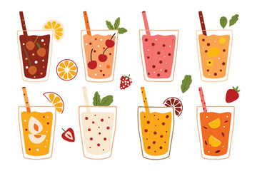 Vibrant Smoothie Selection: A colorful array of meticulously crafted fruit smoothies, each a unique blend of flavors and textures. Photorealistic close-up captures the invigorating essence.