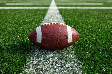 American football on a field.  A brown leather football rests squarely on the white line of a green artificial turf field.  Focus on the ball, centered