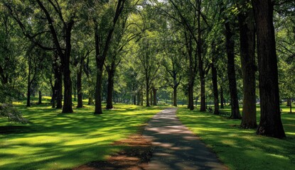 Sunny park path lined with trees. Lush green grass and shadows