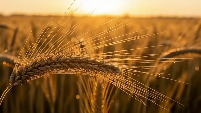 Golden wheat ear in a field at sunrise