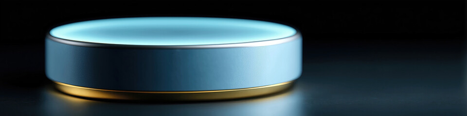 Sleek cylindrical platform features modern blue and gold minimalist design
