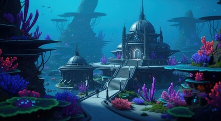 Underwater City with Futuristic Architecture and Coral Reefs.