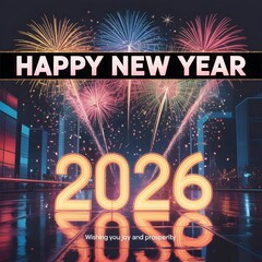 Happy New Year 2026 Celebration in a City at Night