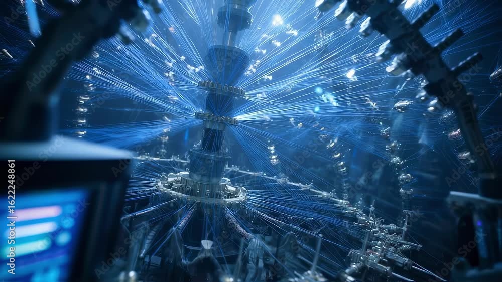 Poster complex machinery is producing glass fiber in a futuristic, automated factory, creating a visual net