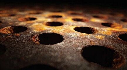 Close-up of rusty metal plate with numerous circular holes (1)