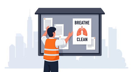 Worker posting "Breathe Clean" air quality notice on city bulletin board.