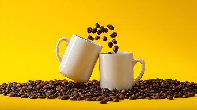 Two white coffee mugs tipping over with coffee beans spilling against a bright yellow background