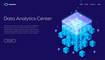 Isometric vector, futuristic technology of data protection and processing, networking and web hosting banner, input output data flow through artificial intelligence.