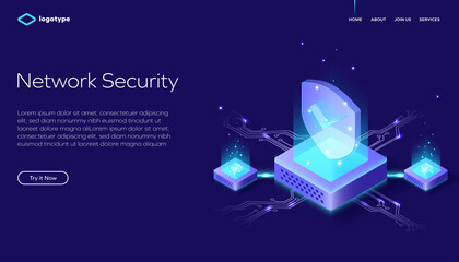 Network data security isometric vector illustration. Online server protection system concept with datacenter and artificial intelligence. Secure bank transaction via internet.