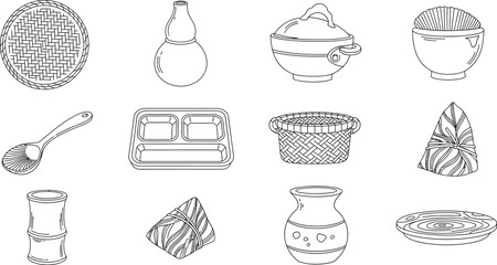 Vector art of collection of traditional bamboo and wooden kitchenware