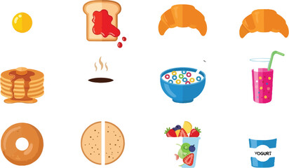 Vector art of various breakfast food items isolated on white background, including eggs, toast, and pastries