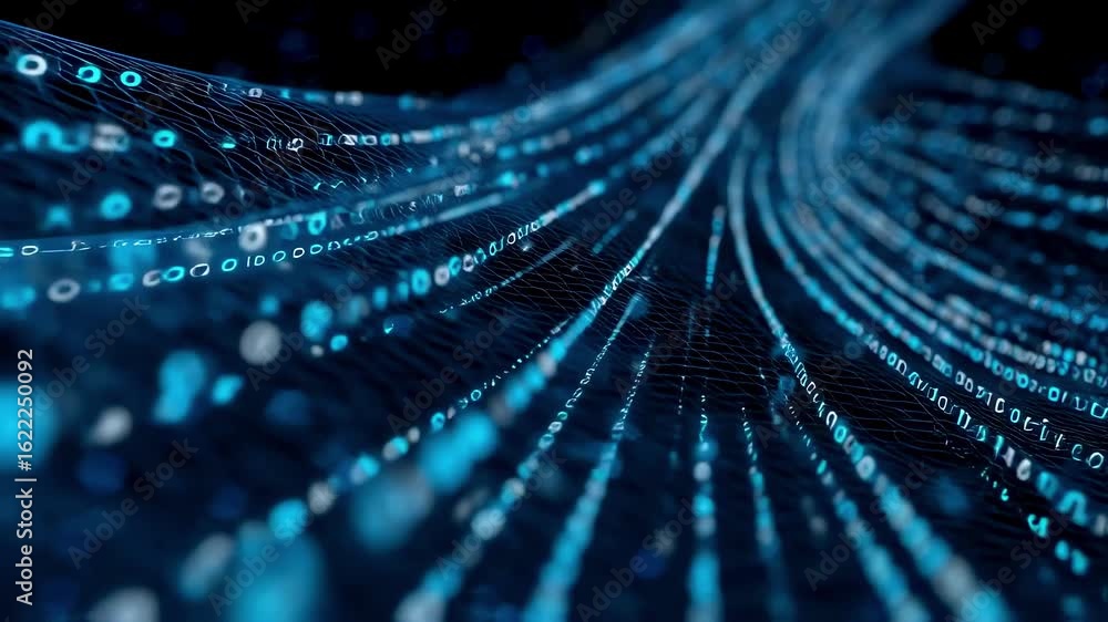 Poster binary code streams through a futuristic network, creating a visual representation of innovation and