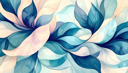 Watercolor floral pattern with flowing blue and pink leaves on a light background