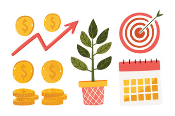 Financial Growth Visualization: A vibrant graphic illustration depicts elements symbolizing financial growth, featuring gold coins, an upward trending arrow, a flourishing plant, a bullseye target.
