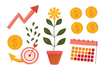 Financial Growth: A graphic compilation that paints the picture of financial growth and prosperity, featuring a blossoming flower, soaring charts, currency symbols, and calendars.