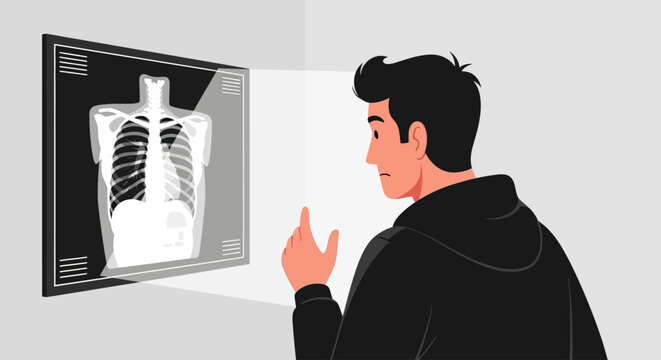A man in a black jacket examines a chest x-ray of a human torso displayed on a glowing light box on a wall.